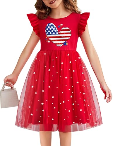 Kids USA Dress for Girls 4th of July Dresses American Flag Skirts Patriotic Tulle Dress Independence Day Outfit 4-10y