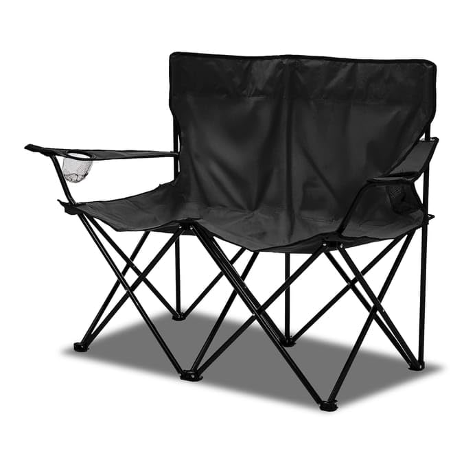 Double Camping Chair for 2 People, Foldable Outdoor Camping Seat, 100% Polyester Portable Chair for Camping, Festivals, Sporting Events, Garden & Outdoor Social Gatherings, Black