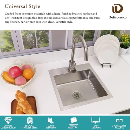 15 Inch Drop In Bar Sink – Delironexu 18 Gauge Stainless Steel Small Kitchen sinks & Small Bar Sink, 15"x15" Wet bar sink with 2" Drain Hole, Brushed Finish, Ideal for RV, Prep, and Outdoor Use by Delironexu - Image 2