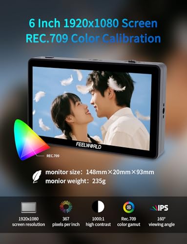 FEELWORLD F6 Plus 5.5 Inch Camera Monitor Field DSLR Monitors with 3D Lut HDR Small Full HD 1920x1080 IPS Support 4K HDMI Input Output Touch Screen for Photographer and Director External Video Monitor