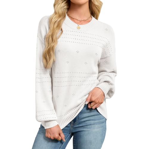 ZLIGXEA Pullover für Frauen Langarm Rundhals Ausschnitt Häkelpullover Herbst Winter Elegant Strickpulli Mode Warme Lässige Strickpullover Oberteile Weiß M