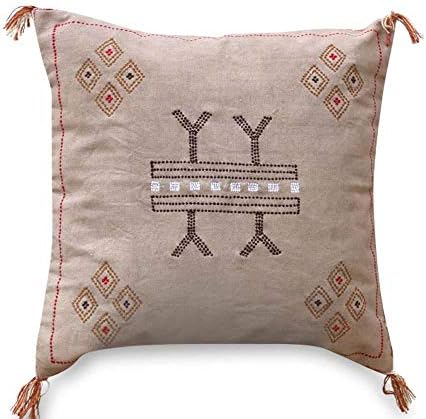 FabHub Sabra Pillow Cover Riona, 20"x20" 100% Soft Chenille, Mocha Boho Decorative Pillow Case, Moroccan Handcrafted Throw Pillow with Tassels