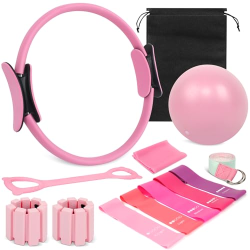 WYDHven Home Pilates Essentials Kit for Women Complete 13-in-1 Pilates Equipment Ring and Ball Set with 5 TPE Resistance Bands Ankle Weights 8-Shaped Pull Band Stretch Strap and Waterproof Bag