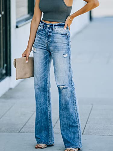 Women High Waisted Ripped Flare Jeans Mid Rise Washed Stretchy Denim Trousers Wide Leg2