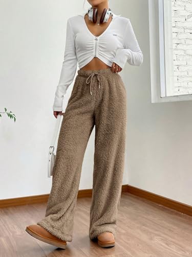 Women's Drawstring High Waisted Fuzzy Pants Cozy Wide Leg Casual Lounge Trousers4