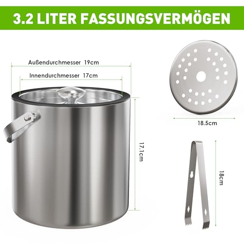 3,2 L Eiswürfelbehälter mit Deckel und Zange,Doppelwandig Isoliert Edelstahl Eiswürfelbehälter für Wein ,Premium Eiseimer für Eiswürfel, Eiskübel für die Eiswürfel Aufbewahrung