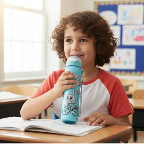 Image of Cartoon Printed Plastic Water Bottle for Kids Leak Proof Flip Cap Sipper Bottle with Strap School Drinking Bottle for Boys Girls Travel Office Use 900 ML (Green)