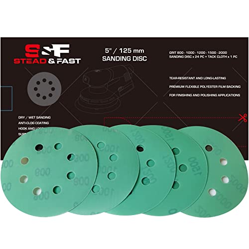 S&F STEAD & FAST Schleifscheiben, 12.7 cm, 8 Löcher, 24 Stück, Körnung 800, 1000, 1200, 1500, 2000, Grün Klett-Schleifpapier, Exzenterschleifer Schleifpapier für Auto Holz mit Tack Tuch Cover