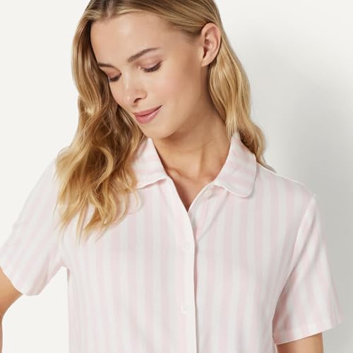 Amazon Essentials x Sofia Grainge Damen Pyjama-Set, eng anliegend, mit kurzen Ärmeln, Blassrosa Kühner Streifen, M