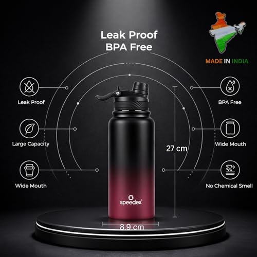 Image of Speedex Vacuum Insulated Stainless Steel Water Bottle 1 Litre (1000ml / 1L / 1 Ltr) with 2-in-1 Lid (Straw & Spout), Hot & Cold Leakproof Thermosteel Travel Flask for Office, Gym & School (Black-Wine)