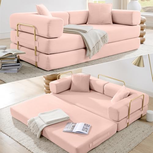 Image of HANXIN Convertible Sleeper Sofa Bed, 78 Inch Folding Floor Mattress Couch with Fixed-Shape Frame, Futon Boneless Couch Lounge Loveseat with Pull Out Bed, No Assembly Required, Pink