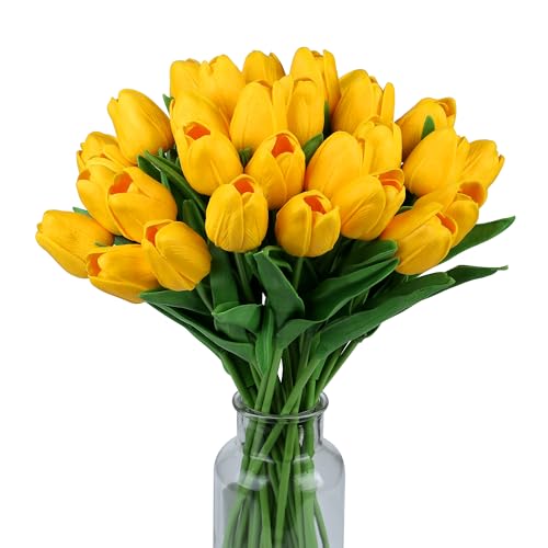 SITUMEIZI 15pcs Yellow Tulips Fake Artificial Flowers Real Touch 14"