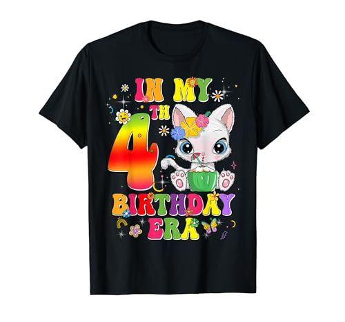 Kids In My 4th Birthday Era Girl Cat Gifts 4 Year Old Kitten Camiseta