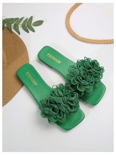 OYOANGLE Women's 3D Floral Flat Sandals Square Open Toe PU Leather Slip on Slides2