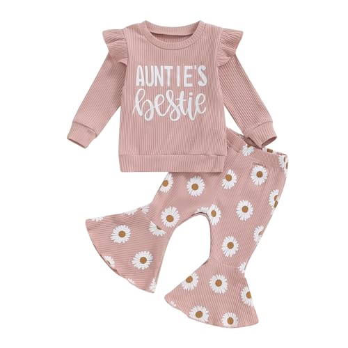 Image of Baby Girl Clothes Toddler Fall Winter Outfits Rib Knit T-shirt Top Daisy Print Flare Pants 0 6 12 18 24 Month 3T 4T