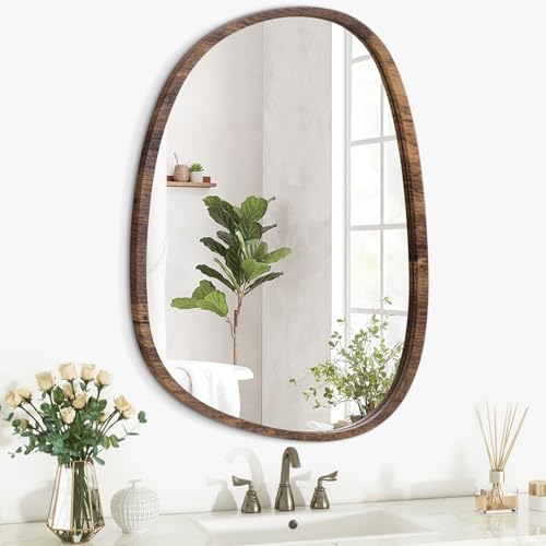 Lzuso Hanging Wall Mirror Irregular Oval Mirror Modern Wood Frame Mirror Unique Shape Asymmetrical Wall Vanity Mirror Artistic Decor for Bedroom Bathroom Living Room Entryway Hallway Rustic Brown