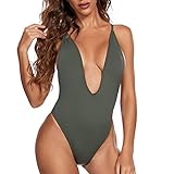 Dixperfect Women's Sexy Deep V-Neck One Piece Bathing Suit Plunge Side Scoop Swimsuit Monokini (M, Olive)