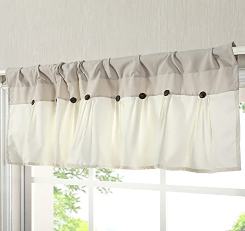 Estmy Modern Farmhouse Button Valances For Windows Khaki And Cream French Country Shabby Chic Cotton Linen Cottagecore Kitchen Curtain Valances For Living Room Bedroom Bathroom, 18’’L X 52’’W #TOP2