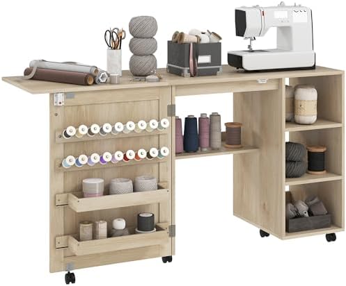 HOMCOM Folding Sewing Table with Drop Leaf, Rolling Craft Table with Rattan Door, Storage Shelves, Bins, Pegs, Lockable Wheels, Sewing Machine Cabinet for Small Spaces, Natural