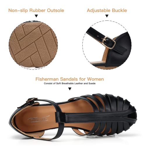 Shibever Gladiator Sandals For Women Closed Toe Womens Fisherman Sandals Comfortable Women's Flats Shoes Black 8 #TOP2