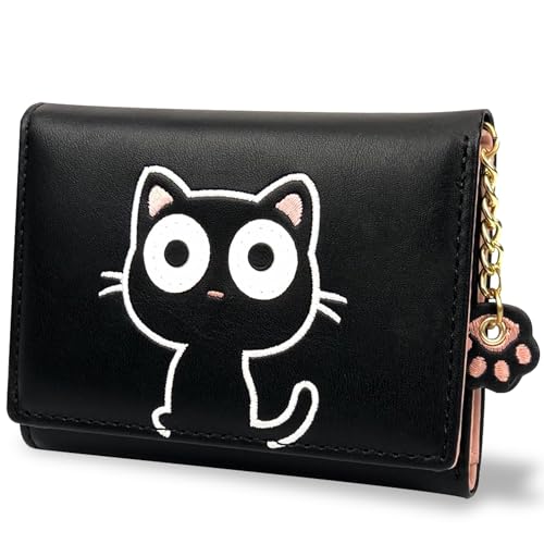 CONISY Cute Wallets for Women Aesthetic PU Leather RFID Trifold Small Wallet with ID Window for Girls Teen and Ladies (Cat Black)