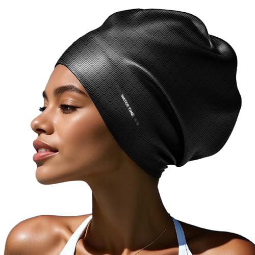 WATERTIME Large Swim Cap for Long Hair, Dreadlocks, Weaves, Hair Extensions, Braids, Curls & Afros Designed for Long Hair,Soft Silicone Pool Cap for Women & Men (Ink Black, X-Large)