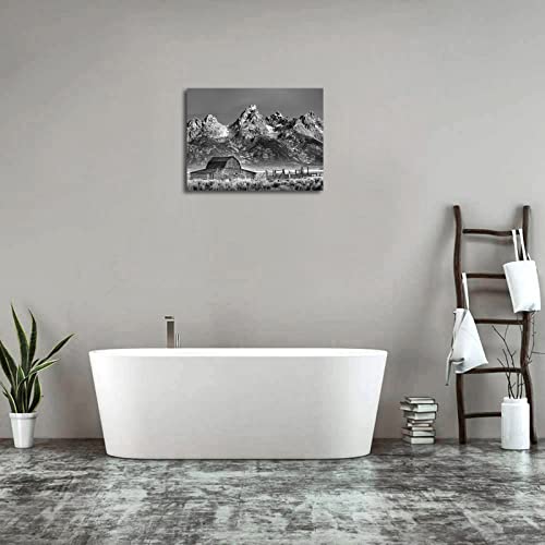Farmhouse Canvas Wall Art White And Black Snowy Mountain Canvas Pictures Mormon Row Barn Grand Teton National Park Wyoming Artwork Nature Landscape Painting For Living Room Bedroom Office 12"X16" #TOP5
