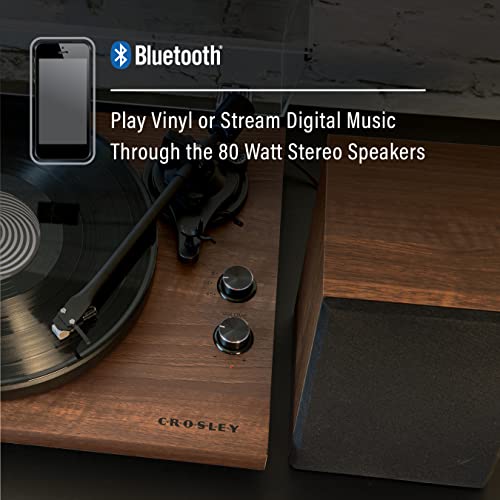 Image of Crosley C62C-WA Record Player with Speakers, Walnut | 2-Speed Turntable, ATN3600L Audio-Technica Cartridge, Standard 1 /2 inch Mount, Bluetooth In, Matching External Speakers
