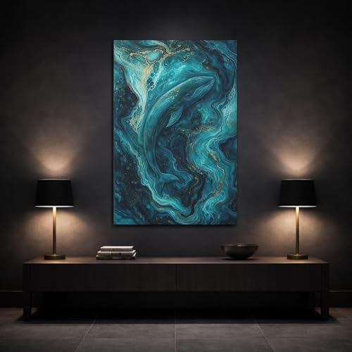Tableau moderne salon baleine bleue et or 60x90 cm grand format vertical