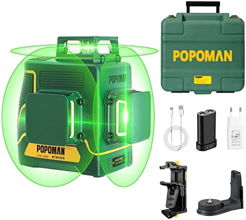 Laser Level 3D & 3 x 360°, Line Laser Green POPOMAN, USB Rechargeable, Self Leveling and Pulse Mode, Magnetic Pivoting Base, Auxiliary Supporting Bracket, Carrying Case Include - MTM350B