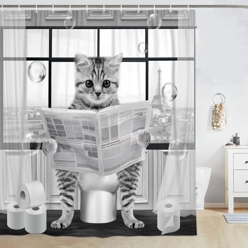 Image of Cute Cat Shower Curtain, Funny Cat Reading on Toilet Shower Curtain Set, Black White Grey Fabric Shower Curtains for Kids Bathroom with Hooks 72X72inches