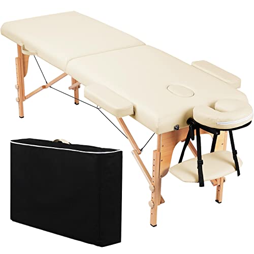 Topeakmart Portable Massage Table Massage Bed Spa Bed Therapy Table Collapsable Treatment Table Height Adjustable Salon Bed 84 Inch 2 Fold Cream