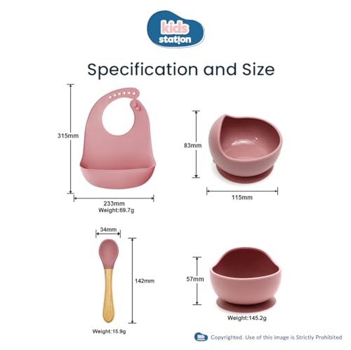 Image of Kids Station 2 Piece BPA-Free Silicone Baby Feeding Set - Bowl - Spoon - Happy Mealtime - Tableware Meal Utensils for Kids with Suction - Baby Feeding Product (Set of 3, Light Pink)