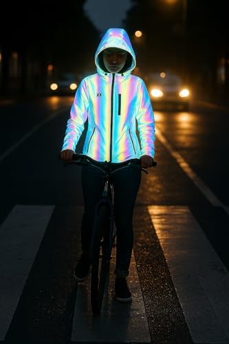 REEFLEXX Reflektor-Damenjacke – Vollreflektierender Windbreaker | Leicht, wasserabweisend, winddicht & stylisch sichtbar (DE/NL/SE/PL, Alphanumerisch, XL, Regular, Regular, Black Rainbow Jacket)