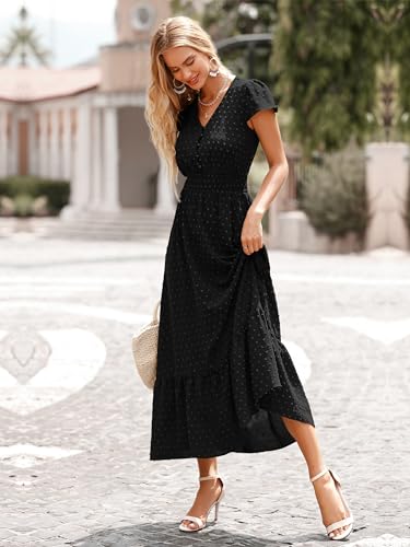 Image of PRETTYGARDEN Womens Dresses 2026 Summer Maxi Dress Boho Short Sleeve V Neck Swiss Dot Ruffle Tiered Smocked Flowy Long Dress