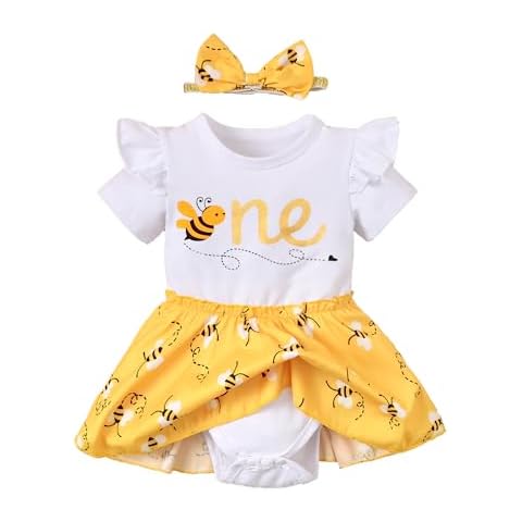 Baby Girl First Birthday Outfits 1st Birthday Romper Dress One Birthday Girl Clothes (Yellow, 6-12 Months) Cover