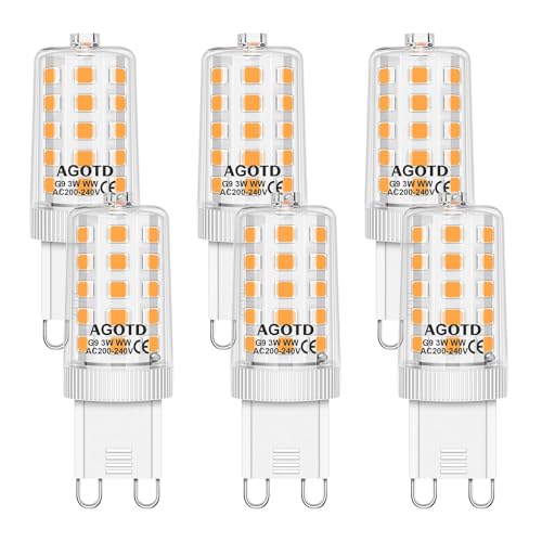 AGOTD G9 LED cálido 3000K bombilla LED 3W equiv 30W 40W halógena ahorro energía G9 sin parpadeo no regulable pack 6