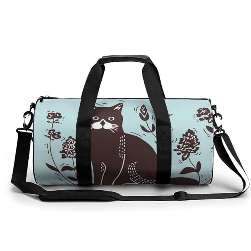 Sac de sport chat noir et fleur sac de voyage week-end 45x23x23cm