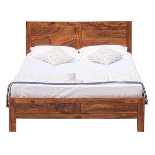 Image of Classic Panel Sheesham Wood Queen Size Bed Without Storage | Wooden Queen Size Double Bed Cot for Bedroom Furniture | Modern Palang Bed for Home & Hotels | Honey Finish