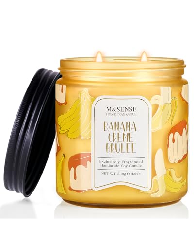 M&SENSE Banana Crme Brle Scented Candle 11.6oz Natural Soy Wax 70 Hours Long Lasting Clean Burn Holiday Jar Candle for Home Decor Non-Toxic Relaxing Aromatherapy Gifts for Women