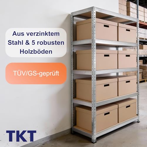 TKT – Work System Steckregal mit Holzböden & Unterzug 180x92x46cm - Verzinktes Regal mit 265kg Tragkraft pro Boden. Schwerlastregal mit 5 Böden für Werkstatt, Wohn- & Kellerraum
