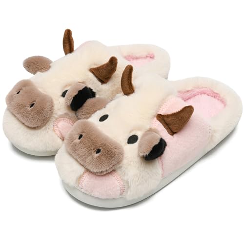 NZFUN Cow Slippers for Women and Men Fluffy Cute Cozy Cartoon Cow Fuzzy House Slipper Womens Cows Animal Plush Funny Furry Kawaii Bedroom Pillow Cloud Slippers Indoor and Outdoor Shoes White Pink