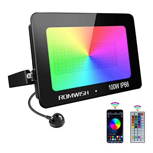 LED Strahler 100w, Romwish RGB LED Strahler außen Mit Fernbedienung Und Bluetooth APP, Dimmbar IP66 Wasserdicht, Timing, Musiksynchronisation, für Garten, Hinterhof, Halloween Cover