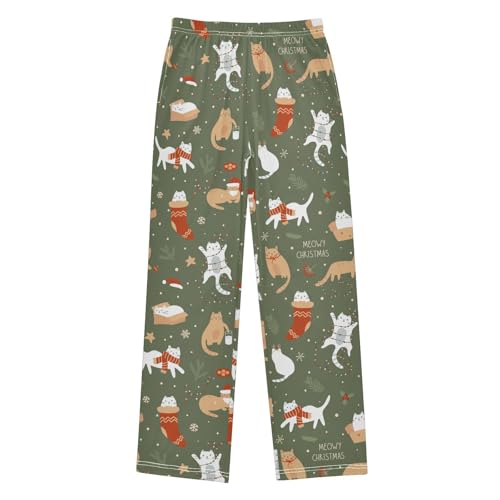 Christmas Cat Boys Long Pants Soft Trousers Elastic Waist Kids Lounge Bottoms with Pockets S-XL