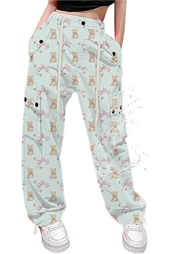 Image of Cromoncent Girls High Waist Parachute Pants Y2K Cargo Trousers with Pockets for Women, Green Bear, 11-12 Years = Tag 160