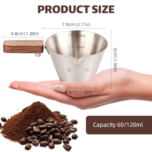 Image of Supvox 120ml Espresso Coffee Cup Brushed Stainless Steel Measuring Cup with Wooden Handle Easy Pouring V-Nozzle Design Kitchen Measuring Small Oil Pot