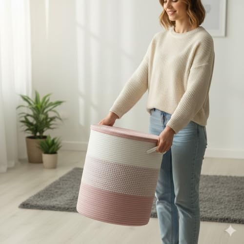 Image of Basket with Lid, 15 inch x 20 inch Woven Storage Basket for Blankets, Toys, Pillows, Towels, Living Room Bedroom Storage Bin, Round Rope Basket with Lid, Wicker Baskets for Organizing (BG7)