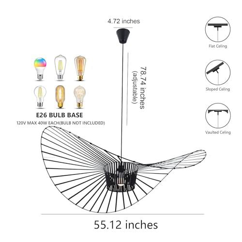 Image of Modern Black Woven Chandelier, 55.1 inch Farmhouse Coastal Hat Pendant Light Fixtures Matte Black Handwoven Shade Boho Pendant Hanging Lamp for Kitchen Dining Room Bedroom Foyer Hallway