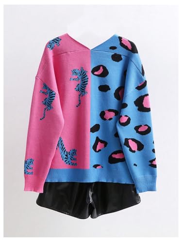 Image of WDIRARA Women's Leopard Tiger Print Cardigan V Neck Long Sleeve Color Block Button Down Sweater Outwear