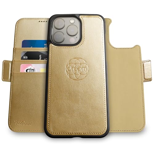 Image of dreem Fibonacci Compatible with iPhone 14 Pro Max Wallet case / 2-in-1 Shockproof case and Detachable Vegan Leather Folio, MagSafe Compatible, RFID Protection [Gold]